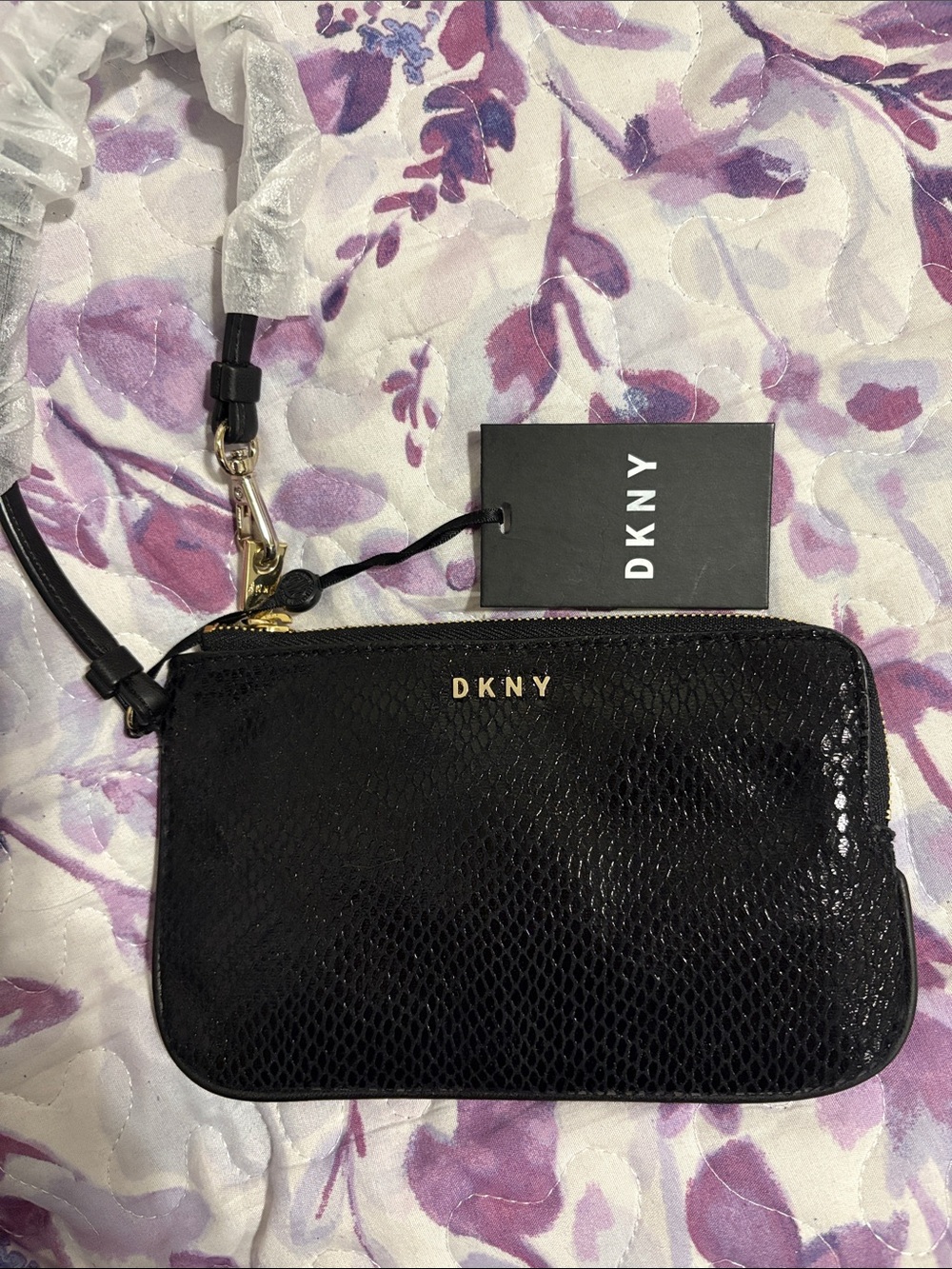 DKNY Black Snake-Texture Wristlet Clutch with Gold Logo